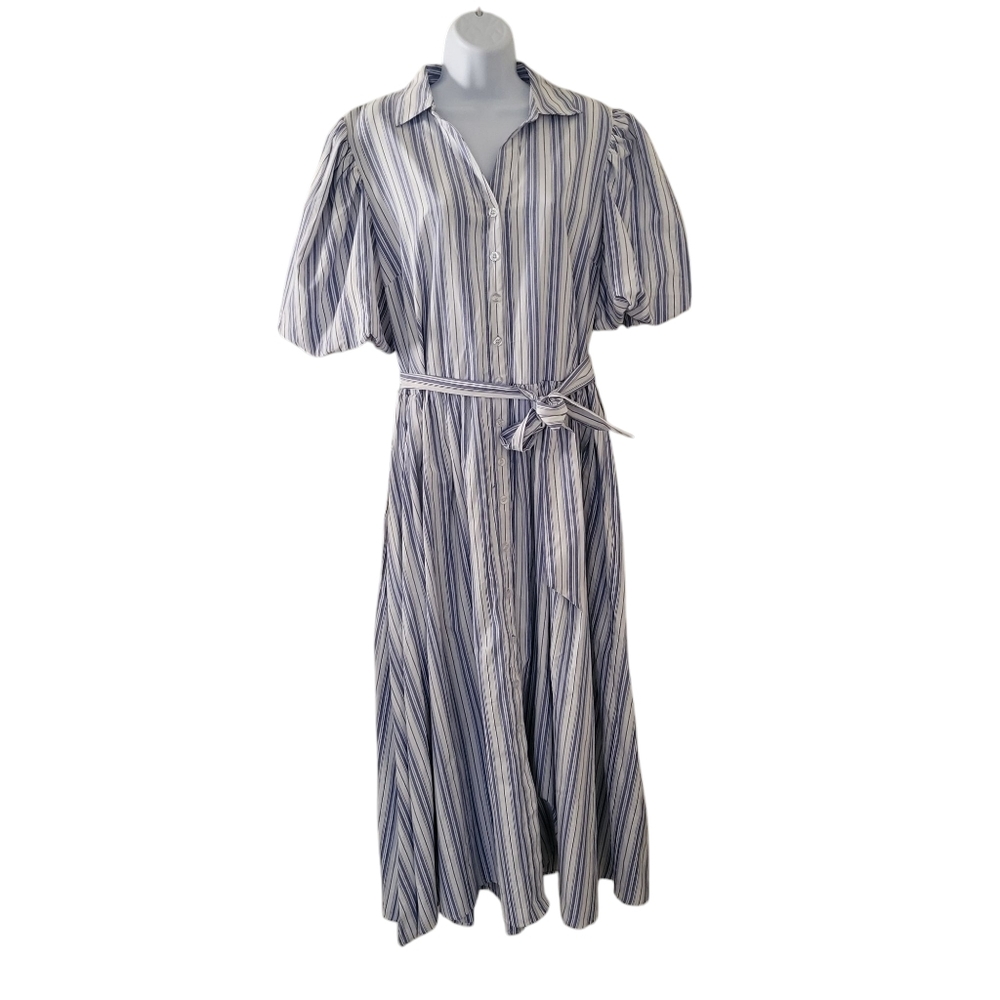 Ashley Stewart Cotton Blend Striped Belted Maxi Dress Baloon Sleeve Pockets